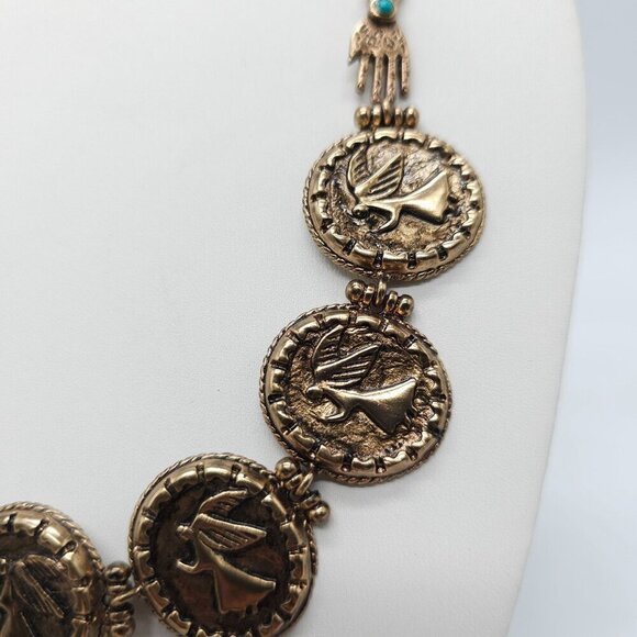 Vintage Designer Gold Tone Coin Necklace With Angel Motif Turquoise Accents - Picture 5 of 11